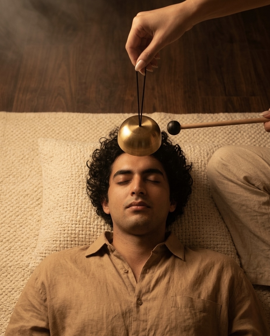 A participant lying down with eyes closed while the bell is sounded above the head.