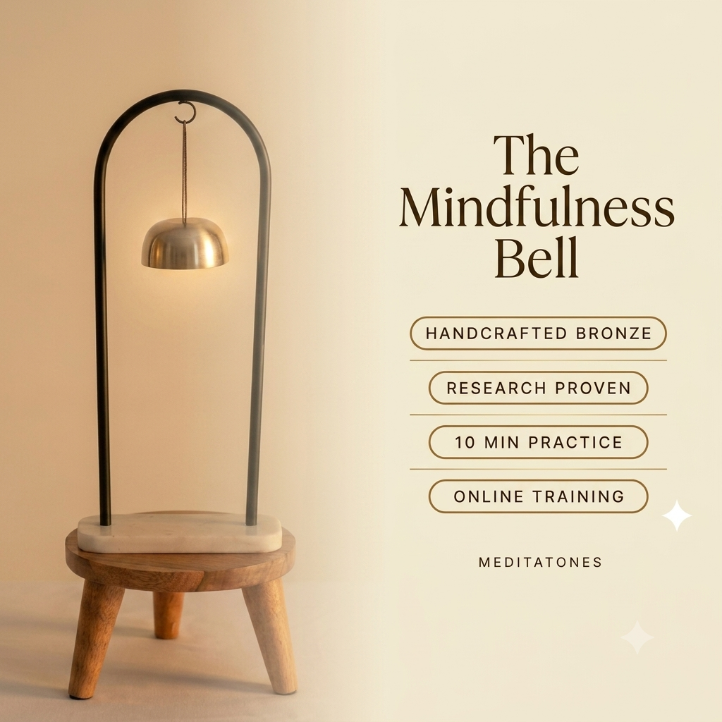 The Mindfulness Bell on its stand, handcrafted bronze.